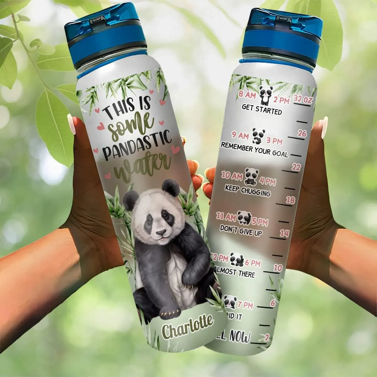winorax Panda Water Bottle Personalized Cute Panda Reminder 32oz Bottle BPA Free Clear Times Marker Green Tracker Bottles Custom Name Motivational Gifts For Women Girls Teen Animal Lovers