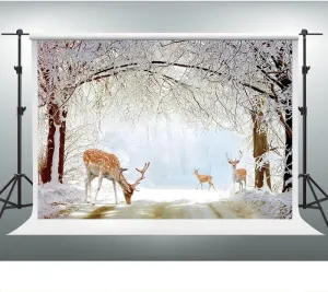 Winter Forest Background 7x5ft Deer Wild Animal Background for Christmas Xmas Holiday Party Decor Photo Shoot Ice Snow Tree Natural Park Backdrop Photography Studio Set Props BJXPVV609