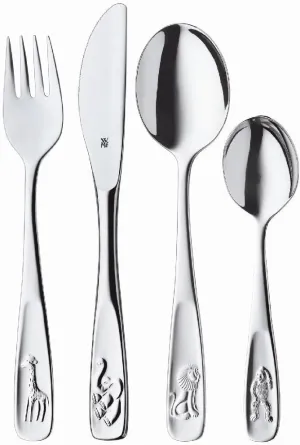 WMF Animals Children's Cutlery, 4-Piece, from 3 Years, Cromargan Polished Stainless Steel, Dishwasher-Safe in a Gift Box with General Illustration