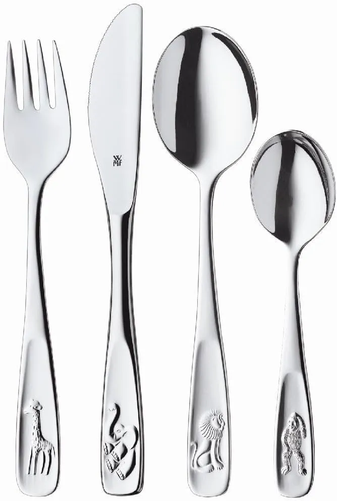WMF Animals Children's Cutlery, 4-Piece, from 3 Years, Cromargan Polished Stainless Steel, Dishwasher-Safe in a Gift Box with General Illustration