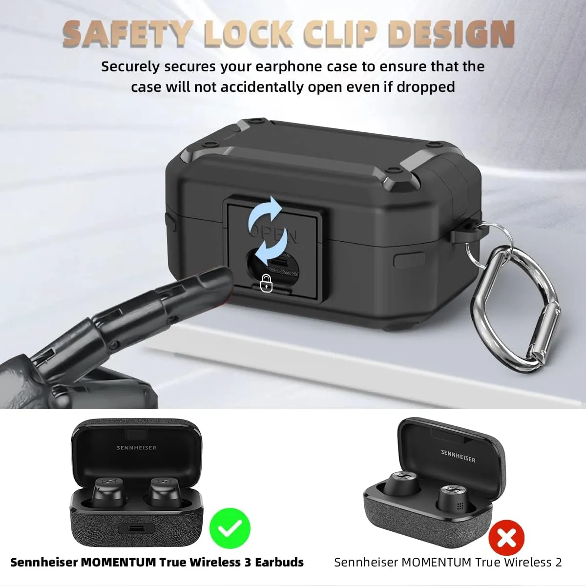 WOFRO Case for Sennheiser Momentum True Wireless 3 Earbuds with Secure Lock Clip Hard Shell Protective Cover Military Armor Series Full-Body Shockproof with Carabiner (Black)