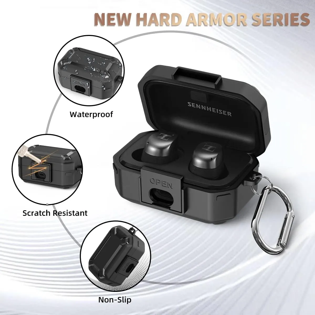 WOFRO Case for Sennheiser Momentum True Wireless 3 Earbuds with Secure Lock Clip Hard Shell Protective Cover Military Armor Series Full-Body Shockproof with Carabiner (Black)