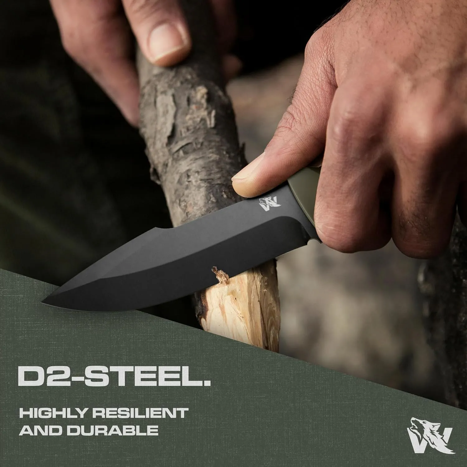 WOLF-II Full Tang Survival Knife - Tactical Fixed Blade with Sheath and Multi Lok - D2 Steel - Bushcraft & Camping Knife - EDC Outdoor with TPE Handle