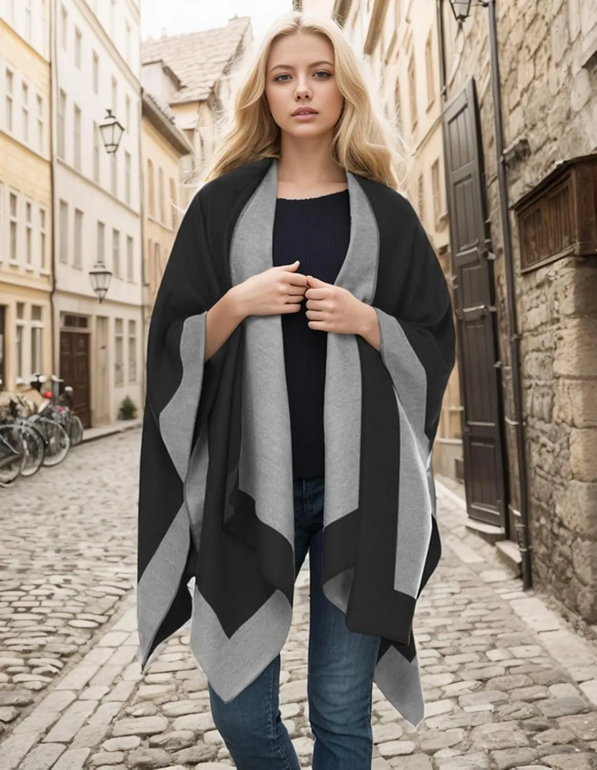 Women's Shawl Wraps Open Front Poncho Cape Oversized Sweaters Casual Cardigan Shawls for Fall Winter