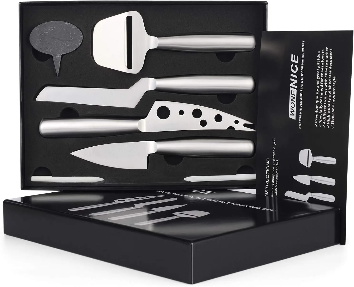 WoneNice Complete Cheese Knife Set– Stainless Steel Cheese Soft/Hard Knives (Includes Slicer   3 Cheese Markers & 2 Soapstone Chalks), Gift for Wine Parties, Charcuterie Boards & Gourmet Dining