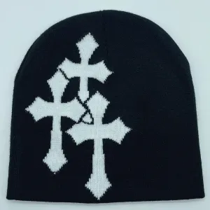 Y2K Knitted Beanies Hat Cross Graphics Men Women Jacquard Hat Punk Solid Color Hat Outdoor Sports Trend Beanie