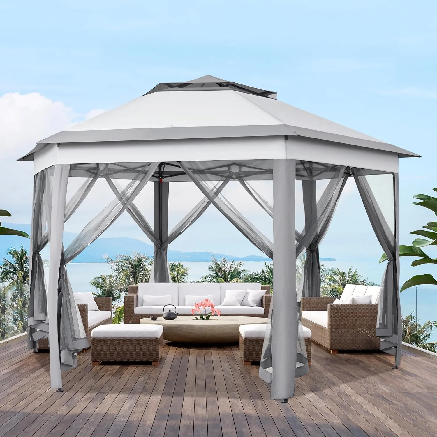 Yaheetech 13x13 Pop up Gazebo, Hexagonal Outdoor Canopy Shelter, Instant Patio Gazebo Sun Shade Canopy Tent with Double Tiers & Mesh Netting for Lawn, Garden, Backyard & Deck, Gray