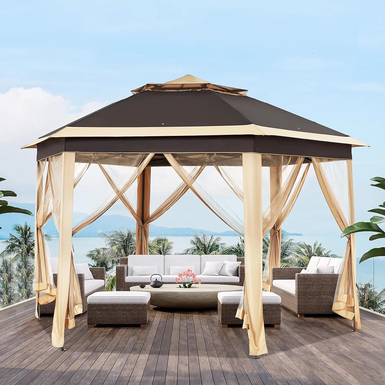 Yaheetech 13x13 Pop up Gazebo, Hexagonal Outdoor Canopy Shelter, Instant Patio Gazebo Sun Shade Canopy Tent with Double Tiers & Mesh Netting for Lawn, Garden, Backyard & Deck, Khaki/Brown