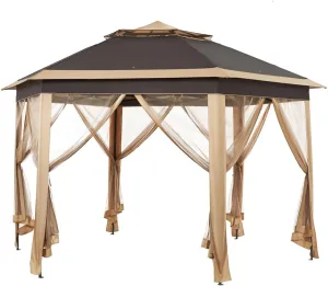 Yaheetech 13x13 Pop up Gazebo, Hexagonal Outdoor Canopy Shelter, Instant Patio Gazebo Sun Shade Canopy Tent with Double Tiers & Mesh Netting for Lawn, Garden, Backyard & Deck, Khaki/Brown