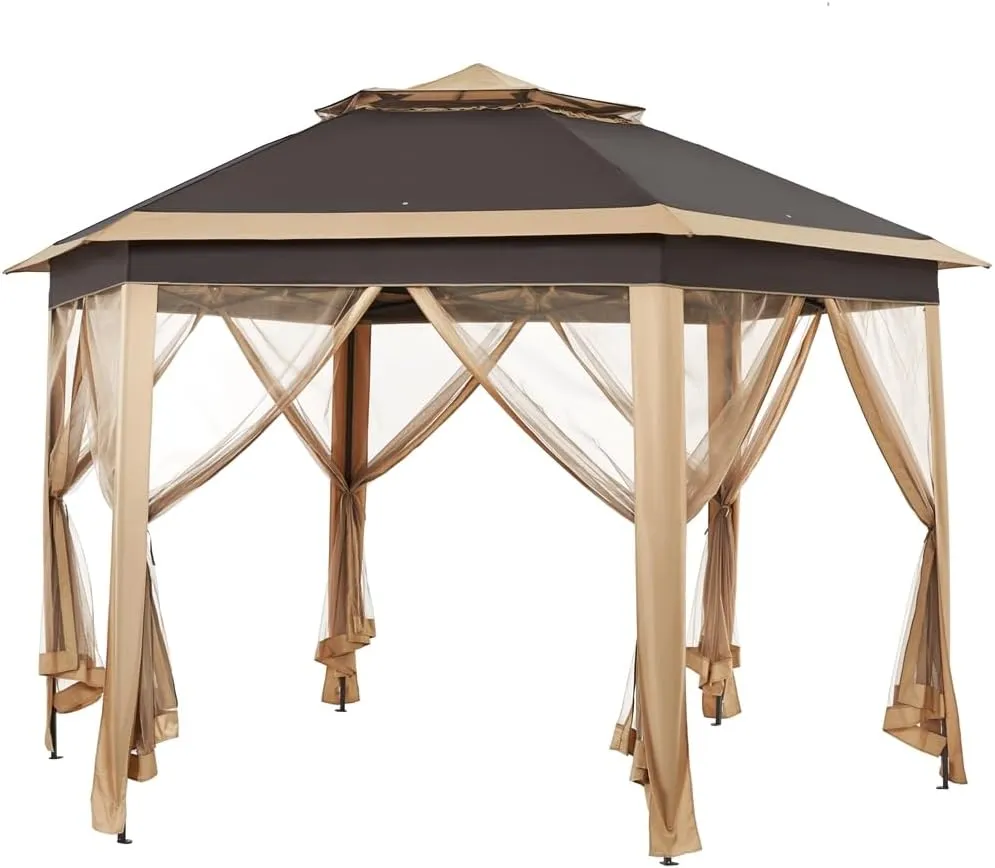 Yaheetech 13x13 Pop up Gazebo, Hexagonal Outdoor Canopy Shelter, Instant Patio Gazebo Sun Shade Canopy Tent with Double Tiers & Mesh Netting for Lawn, Garden, Backyard & Deck, Khaki/Brown