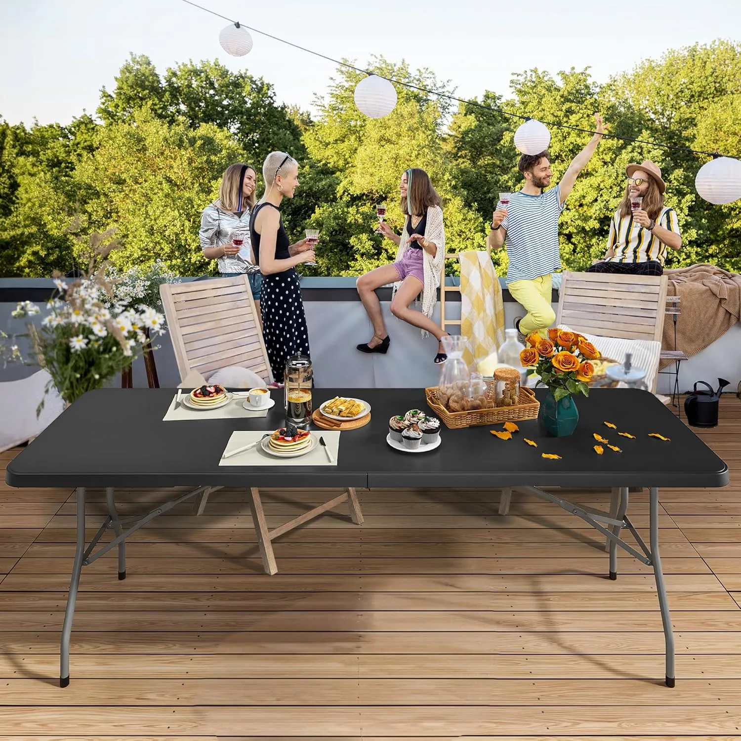 YITAHOME 8FT Heavy Duty Folding Table for Indoors & Outdoors Use, Versatile Rectangle Folding Table with Carrying Handle for Camping, Picnics, Parties, and Events, Black