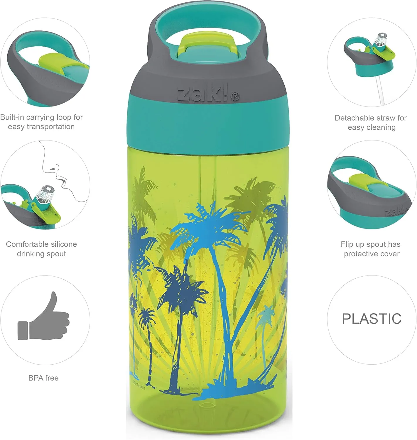 Zak Designs 16oz Riverside Beach Life Kids Water Bottle with Straw and Built in Carrying Loop Made of Durable Plastic, Leak-Proof Design for Travel, 2PK Set
