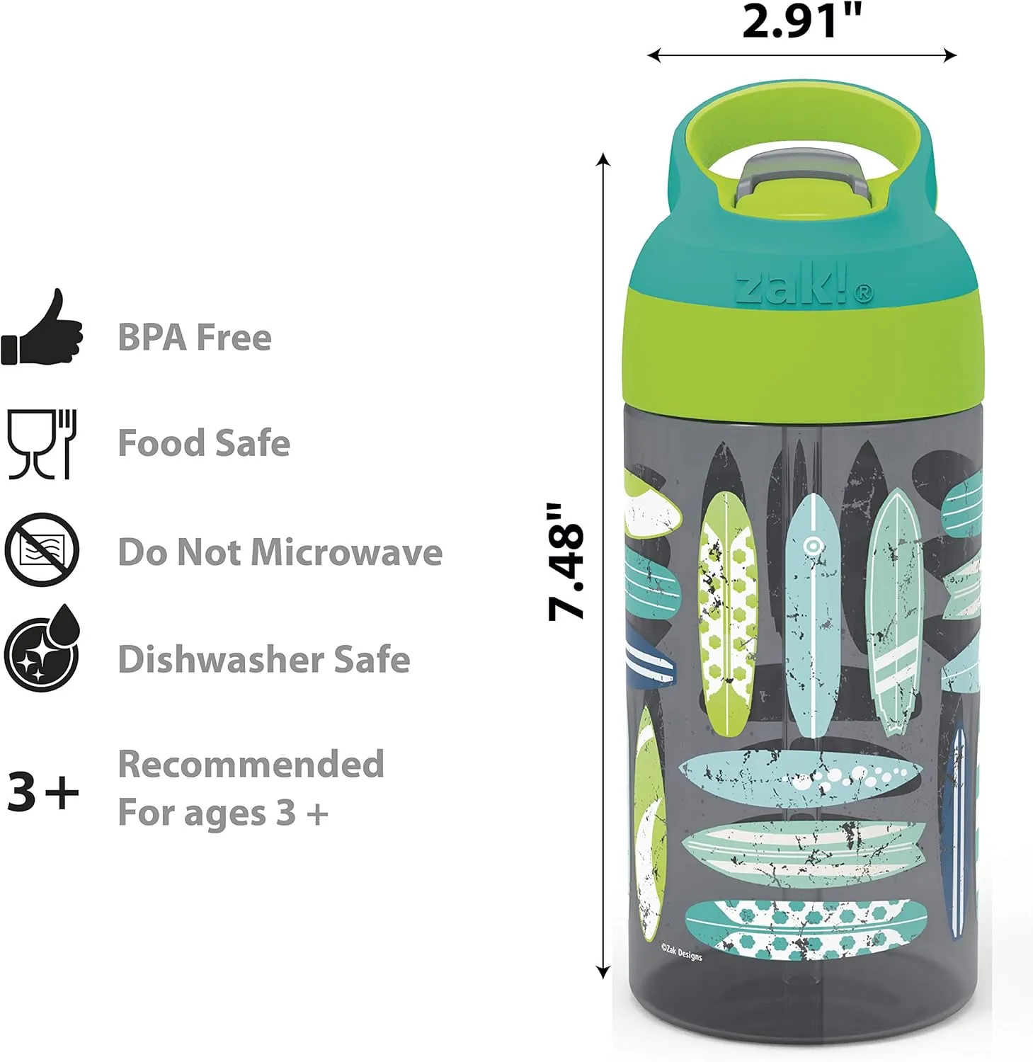 Zak Designs 16oz Riverside Beach Life Kids Water Bottle with Straw and Built in Carrying Loop Made of Durable Plastic, Leak-Proof Design for Travel, 2PK Set