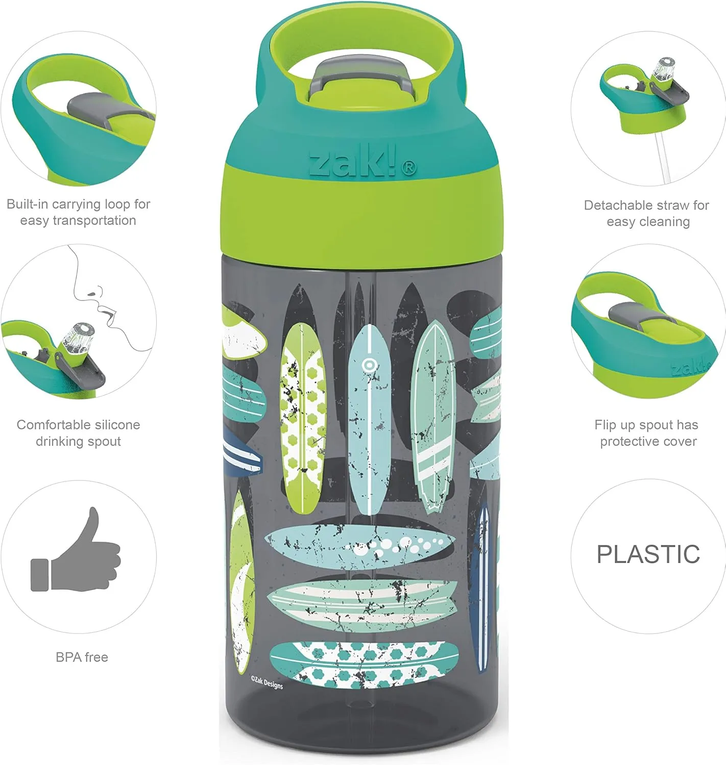 Zak Designs 16oz Riverside Beach Life Kids Water Bottle with Straw and Built in Carrying Loop Made of Durable Plastic, Leak-Proof Design for Travel, 2PK Set
