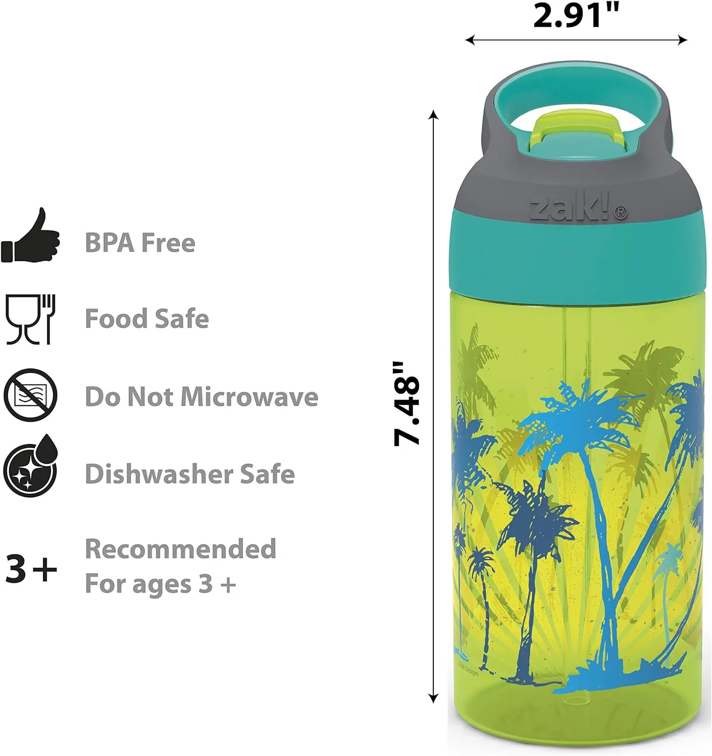 Zak Designs 16oz Riverside Beach Life Kids Water Bottle with Straw and Built in Carrying Loop Made of Durable Plastic, Leak-Proof Design for Travel, 2PK Set