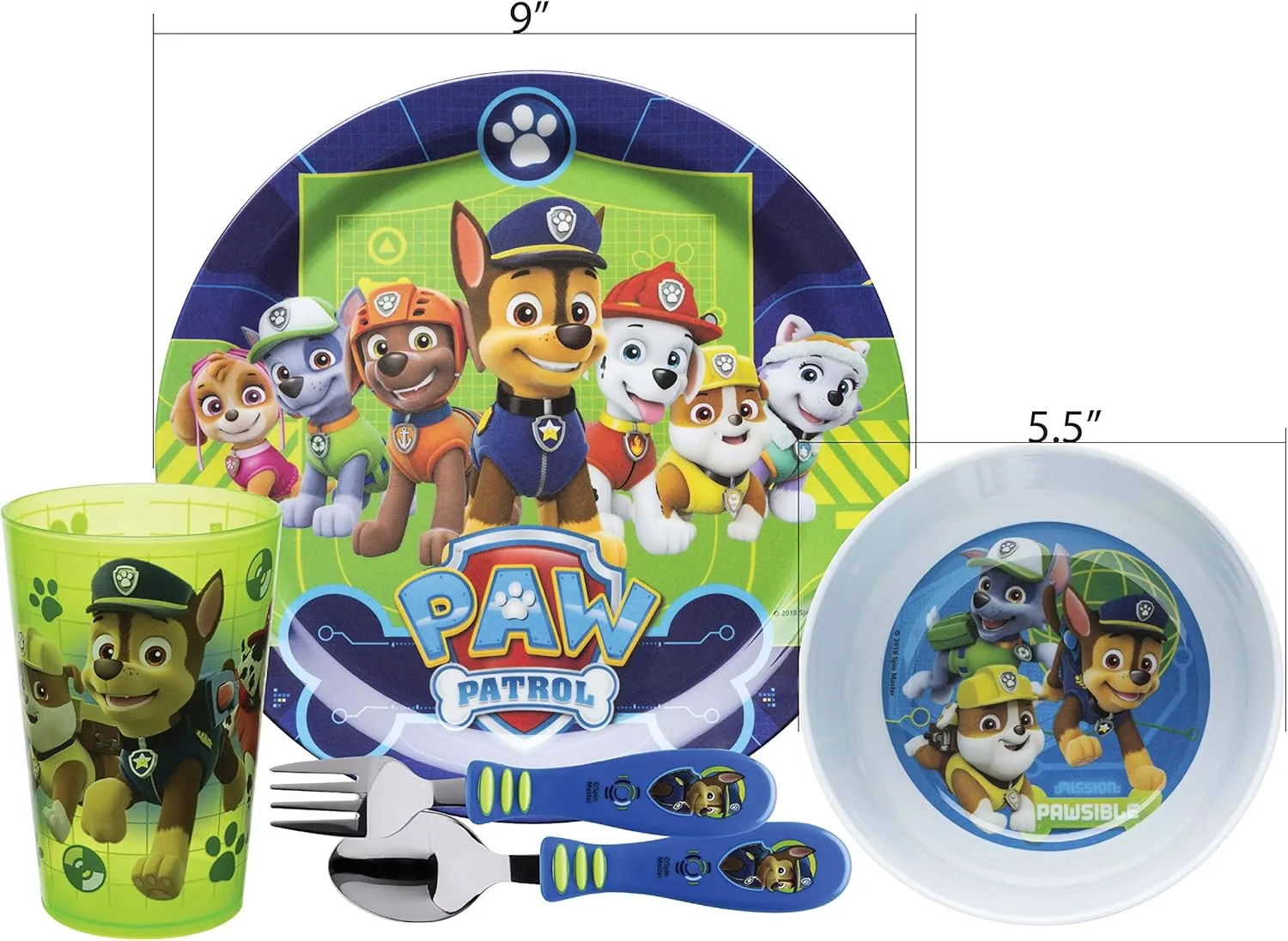 Zak Designs 5-Piece Dinnerware Set, Paw Patrol - Durable Plastic & Stainless Steel - Includes Tumbler, 8-Inch Plate, 6-Inch Bowl, Fork & Spoon - Suitable for Kids Ages 3 