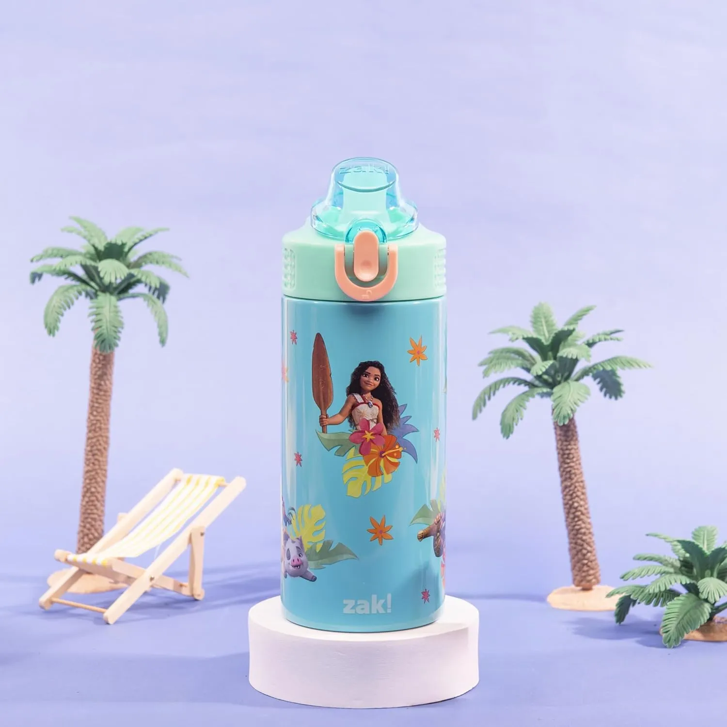 Zak Designs Disney Moana Sage Kids Water Bottle For School or Travel, 14oz Stainless Steel Water Bottle With Straw, Handle, and Leak-Proof, Pop-Up Spout Cover (Moana, Maui, Pua, Hei Hei)