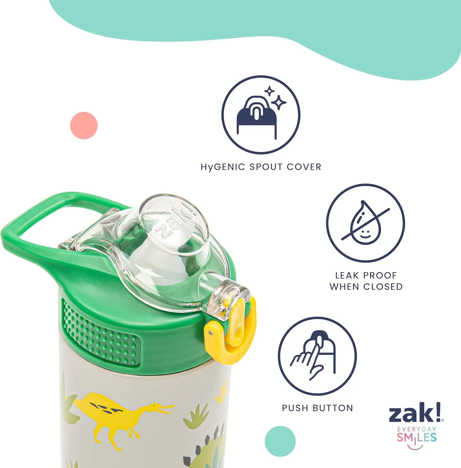 Zak Designs Disney Moana Sage Kids Water Bottle For School or Travel, 14oz Stainless Steel Water Bottle With Straw, Handle, and Leak-Proof, Pop-Up Spout Cover (Moana, Maui, Pua, Hei Hei)