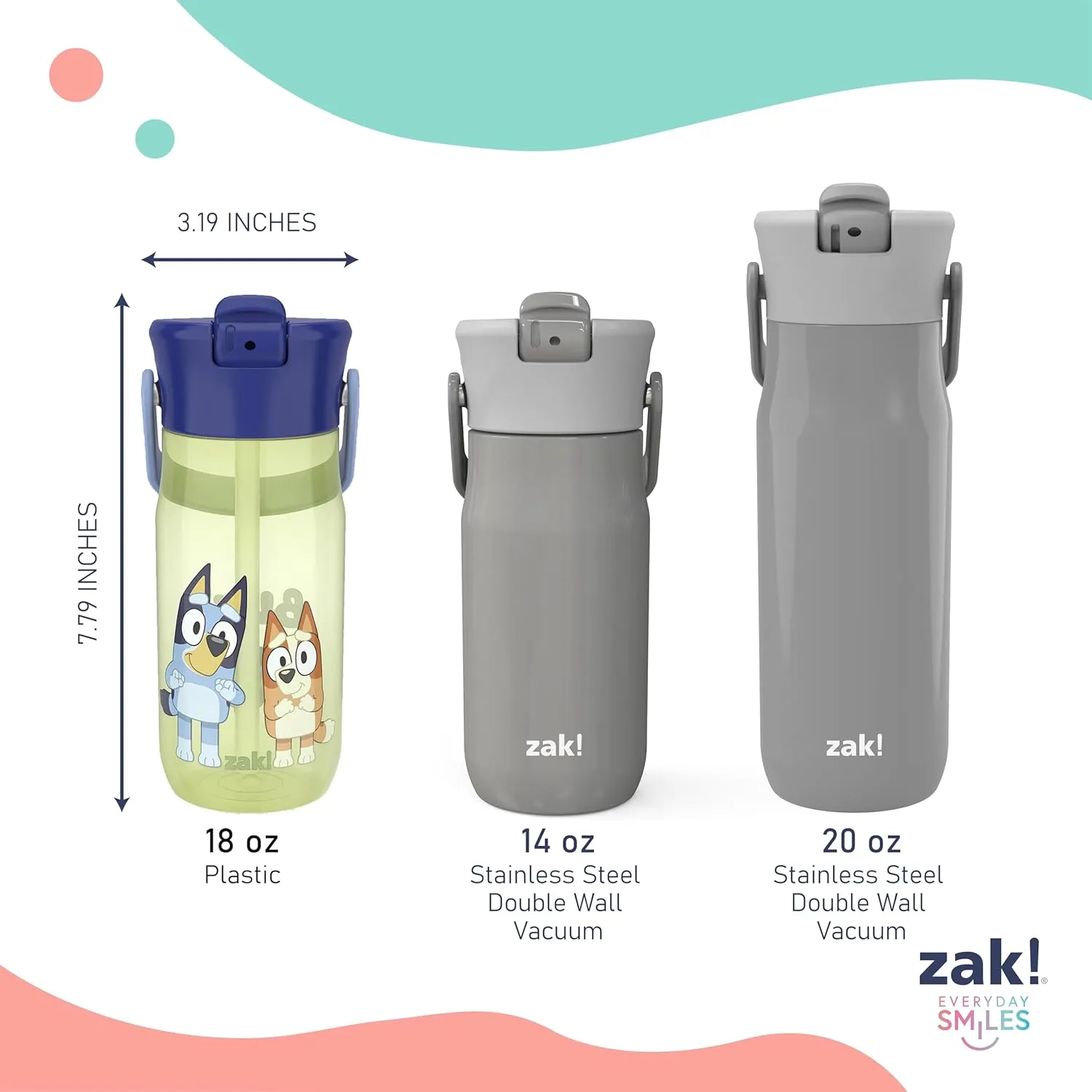 Zak Designs Harmony Bluey Water Bottle for Travel or At Home, 18oz Recycled Plastic is Leak-Proof When Closed with Straw Lid and Carry Handle, 2-Pack (Bluey and Bingo)