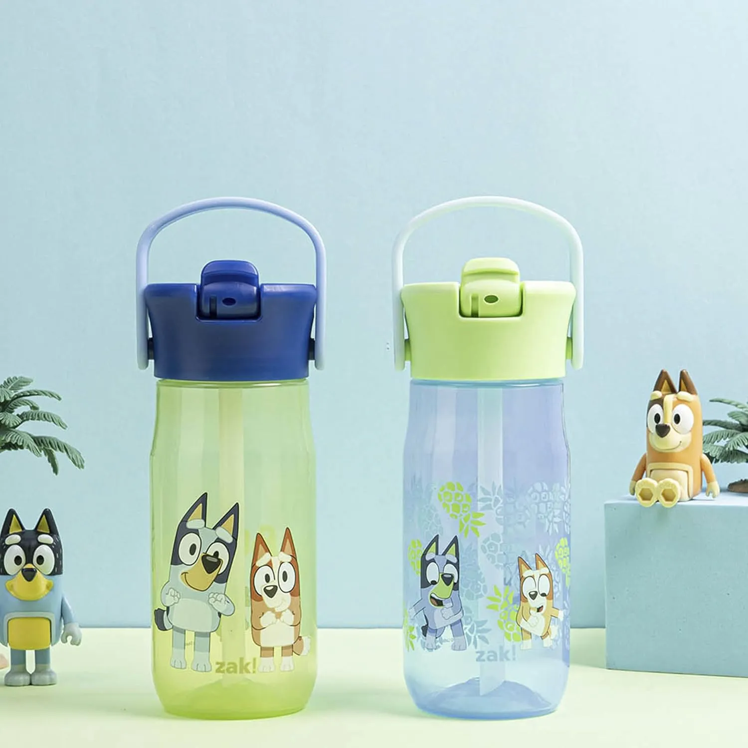 Zak Designs Harmony Bluey Water Bottle for Travel or At Home, 18oz Recycled Plastic is Leak-Proof When Closed with Straw Lid and Carry Handle, 2-Pack (Bluey and Bingo)