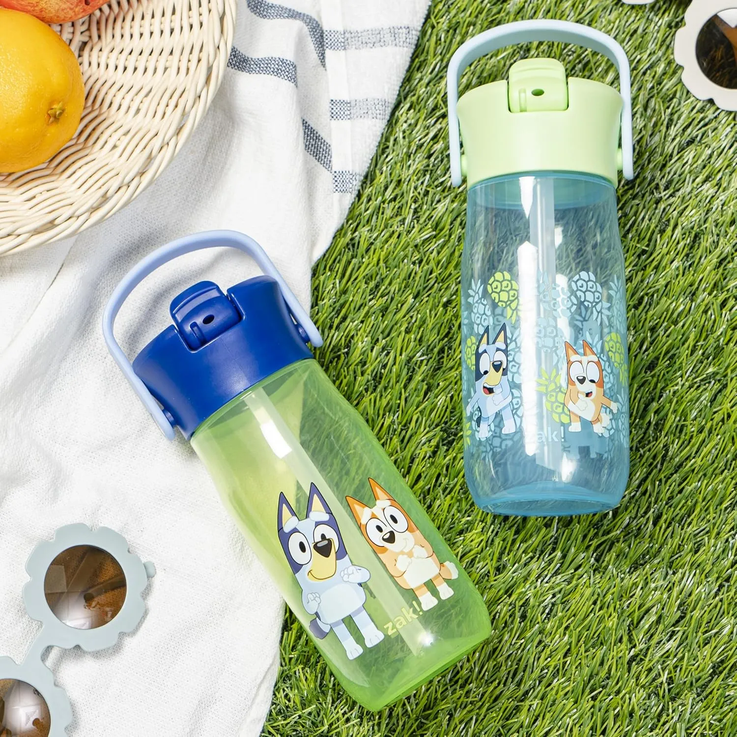 Zak Designs Harmony Bluey Water Bottle for Travel or At Home, 18oz Recycled Plastic is Leak-Proof When Closed with Straw Lid and Carry Handle, 2-Pack (Bluey and Bingo)