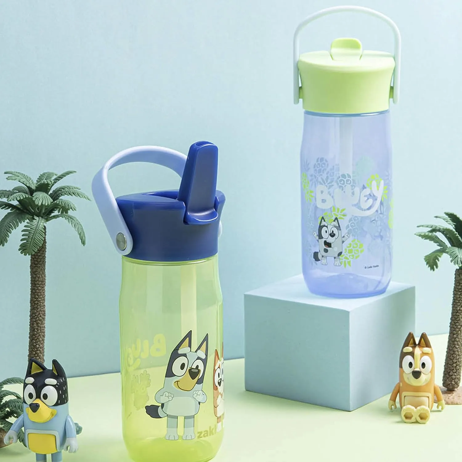 Zak Designs Harmony Bluey Water Bottle for Travel or At Home, 18oz Recycled Plastic is Leak-Proof When Closed with Straw Lid and Carry Handle, 2-Pack (Bluey and Bingo)