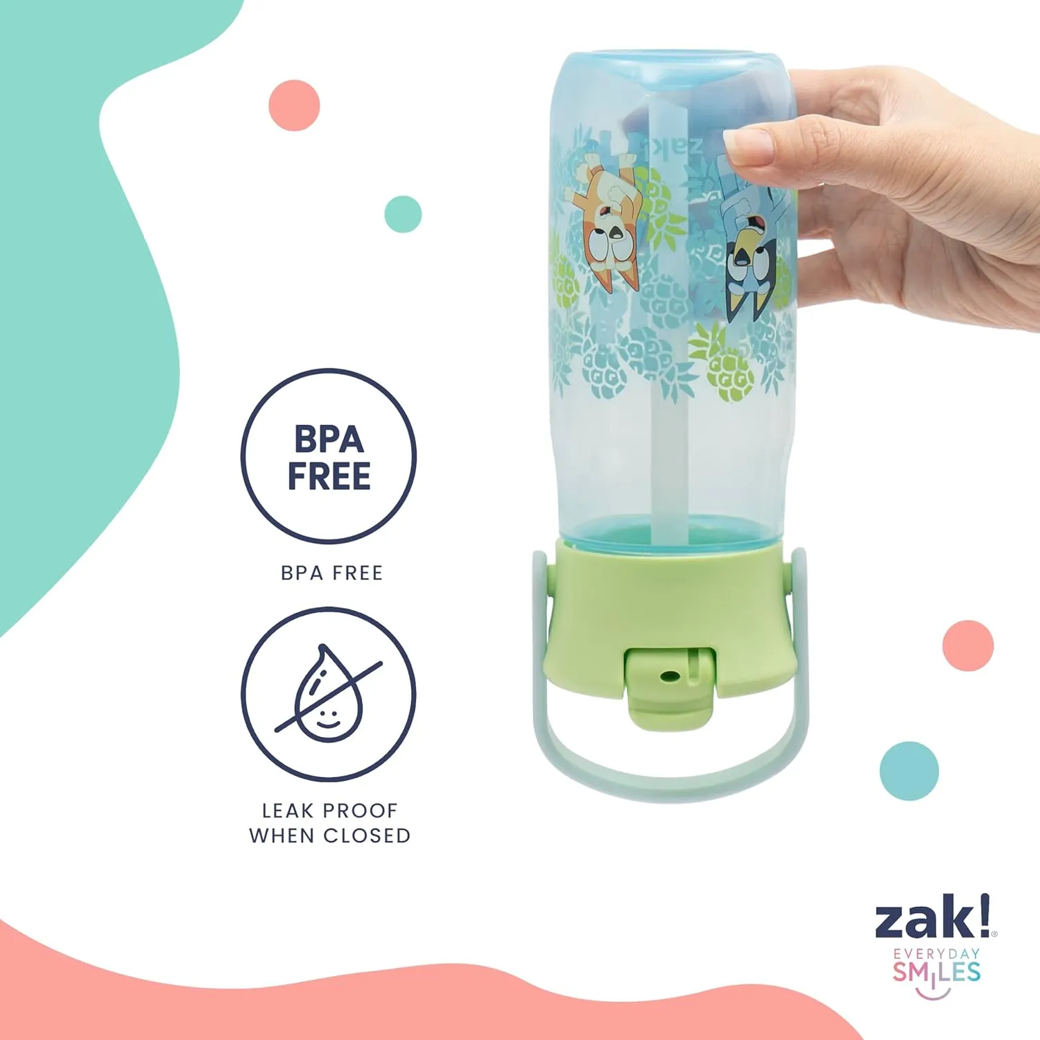Zak Designs Harmony Bluey Water Bottle for Travel or At Home, 18oz Recycled Plastic is Leak-Proof When Closed with Straw Lid and Carry Handle, 2-Pack (Bluey and Bingo)