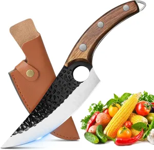 ZENG Butcher Knife Hand Forged Boning Knife with Sheath, Viking & Japanese Blades, High Carbon Steel, Kitchen & Camping