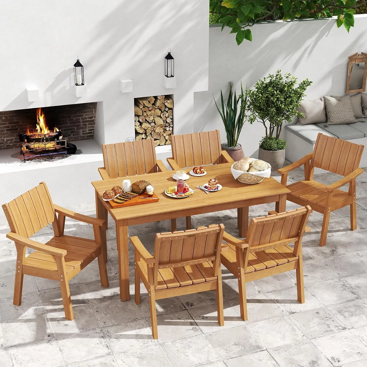 ZHUSI Patio Table and Chairs Set, Outdoor Table and Chairs,HDPE Outdoor Dining Set with Umbrella Hole for Backyard, Poolside, Porch (Teak, 7 PCS)