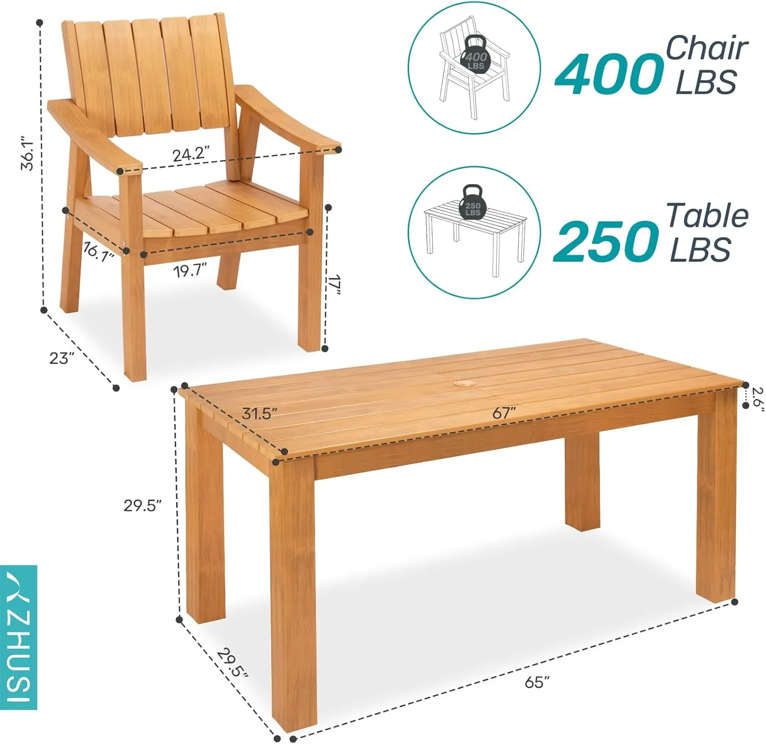 ZHUSI Patio Table and Chairs Set, Outdoor Table and Chairs,HDPE Outdoor Dining Set with Umbrella Hole for Backyard, Poolside, Porch (Teak, 7 PCS)