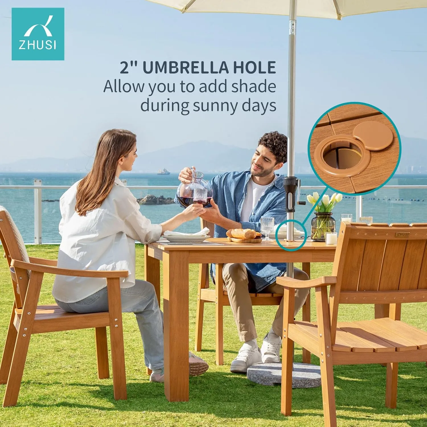 ZHUSI Patio Table and Chairs Set, Outdoor Table and Chairs,HDPE Outdoor Dining Set with Umbrella Hole for Backyard, Poolside, Porch (Teak, 7 PCS)