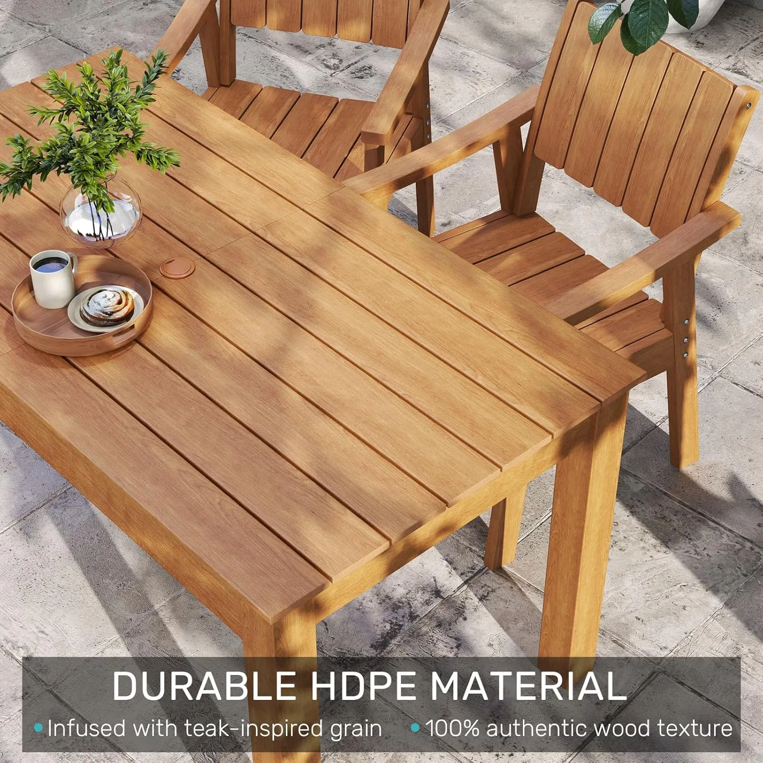 ZHUSI Patio Table and Chairs Set, Outdoor Table and Chairs,HDPE Outdoor Dining Set with Umbrella Hole for Backyard, Poolside, Porch (Teak, 7 PCS)