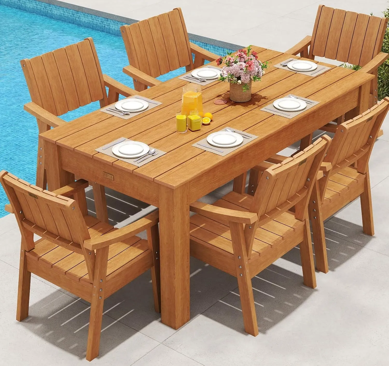 ZHUSI Patio Table and Chairs Set, Outdoor Table and Chairs,HDPE Outdoor Dining Set with Umbrella Hole for Backyard, Poolside, Porch (Teak, 7 PCS)