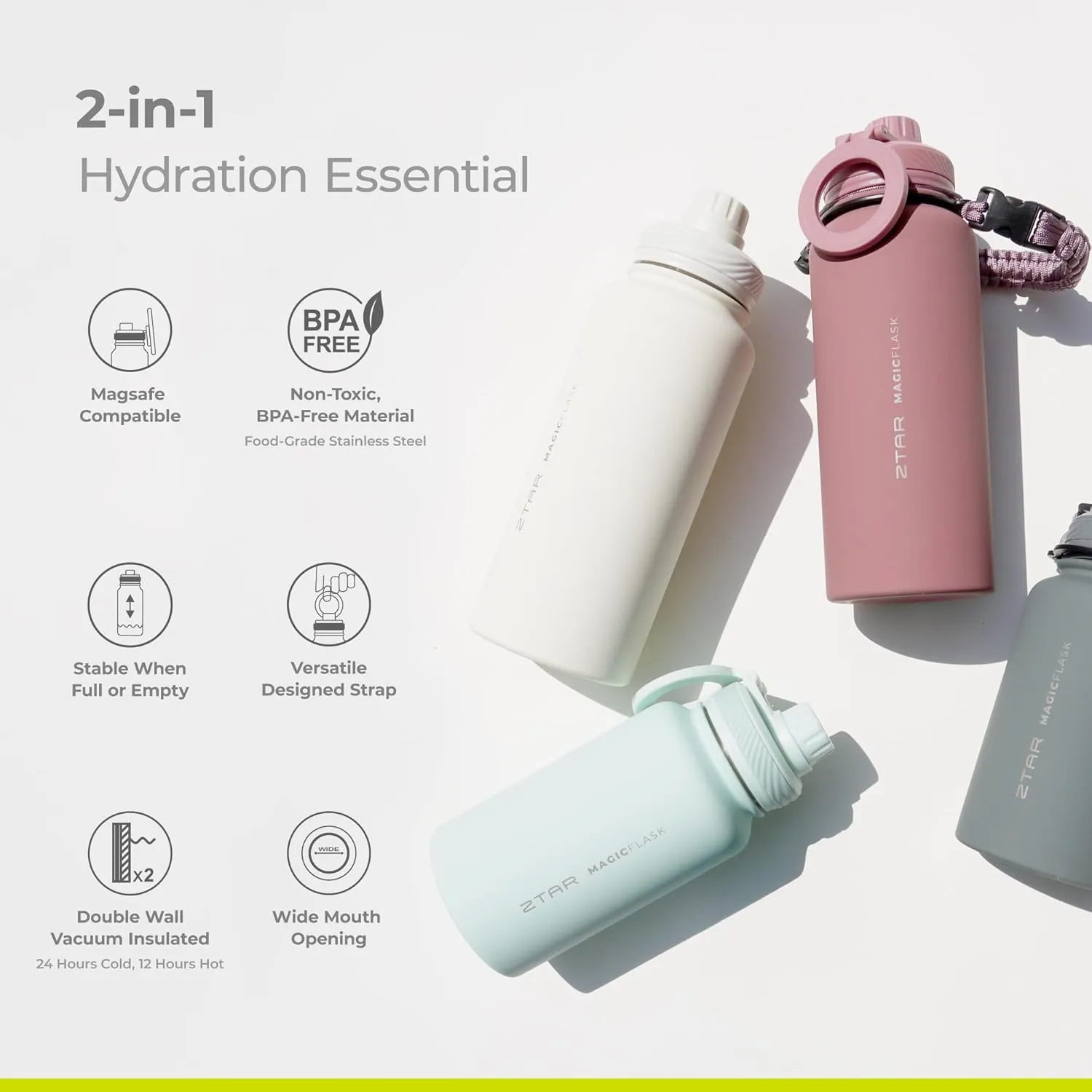 Ztar Insulated Stainless Steel Water Bottle – Compatible with Magsafe usable as Tripod, Leak-Proof, Keeps Drinks cool or warm, For Travel, Gym, and Office, Ideal Gift for Women, Men & Kids, 22 oz