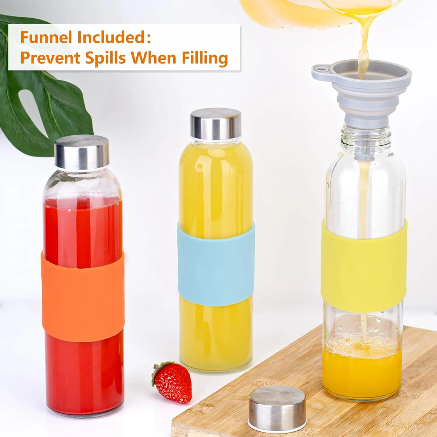 Zukro Glass Water Bottles with Lids 18 oz, Reusable Clear Juice Bottles Stainless Steel Airtight Cap for Juicing, 100% Leak Proof Juice Drinking Jar With Sleeve for Refrigerator, BPA Free, Set of 12